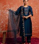 Floral embroidered viscose rayon v neck kurta trouser & dupatta set