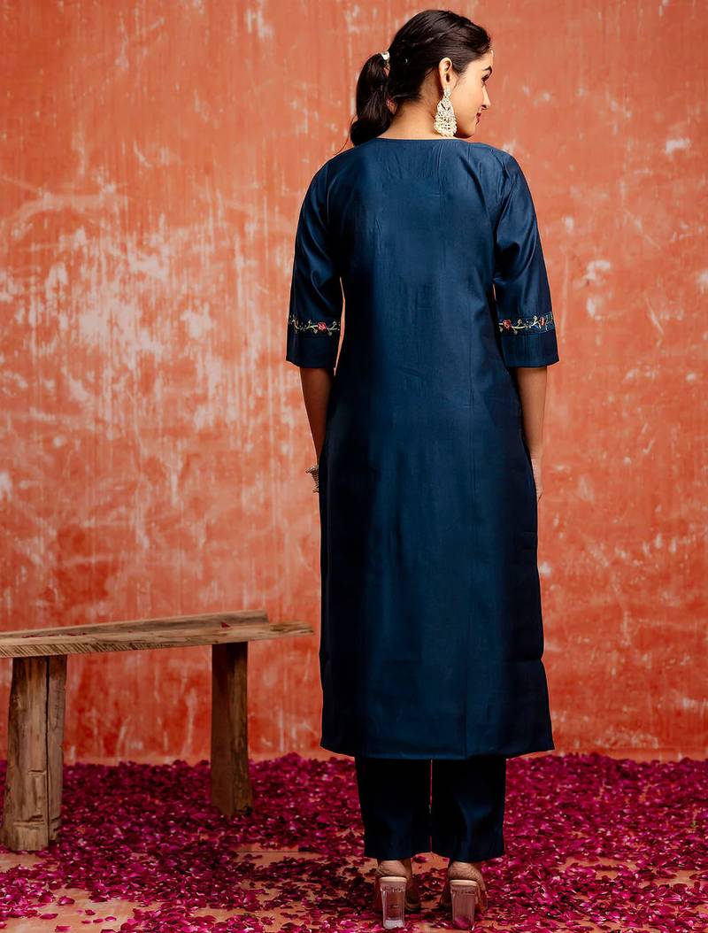 Floral embroidered viscose rayon v neck kurta trouser & dupatta set