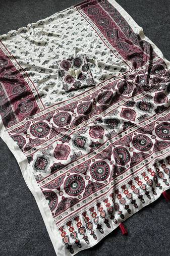 Cream Color ajarakh Print And  Real Mirror work silk saree