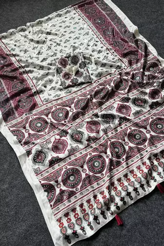 Cream Color ajarakh Print And  Real Mirror work silk saree