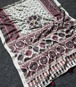 Cream Color ajarakh Print And  Real Mirror work silk saree