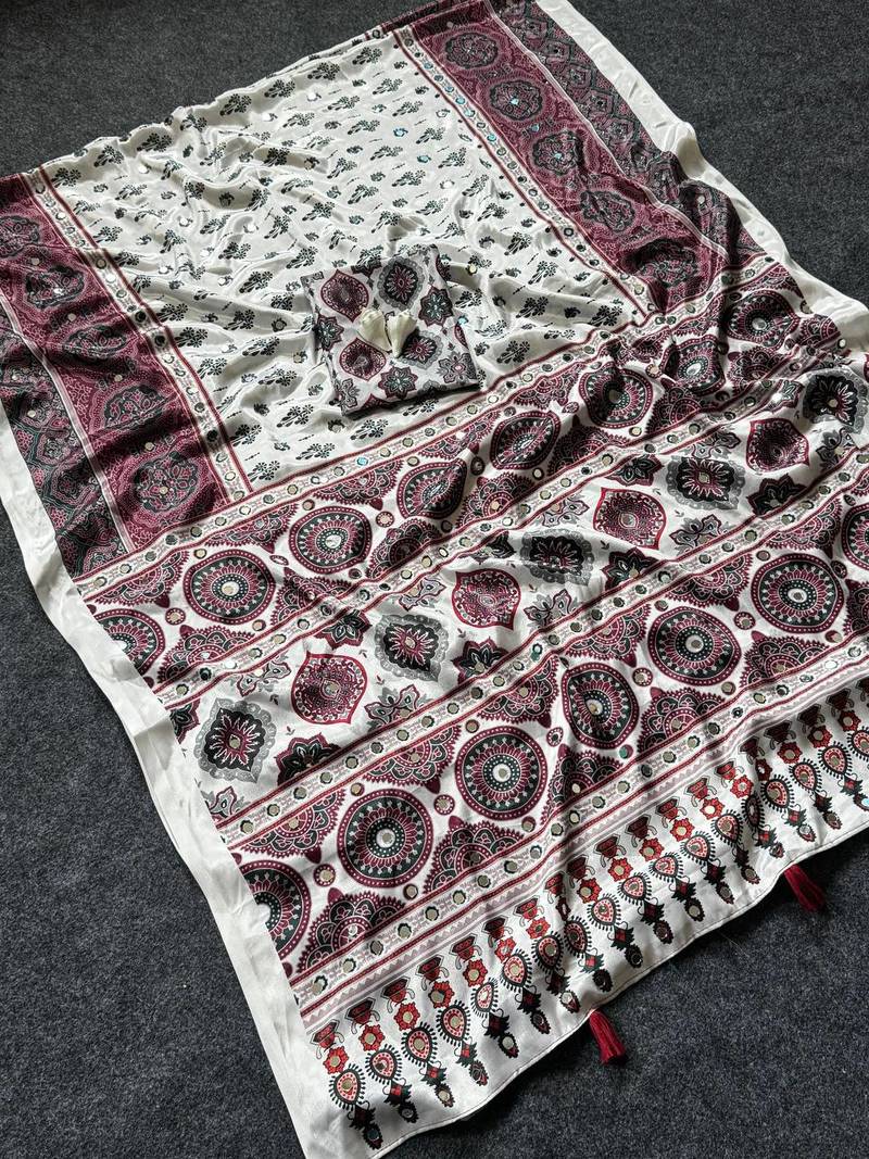 Cream Color ajarakh Print And  Real Mirror work silk saree