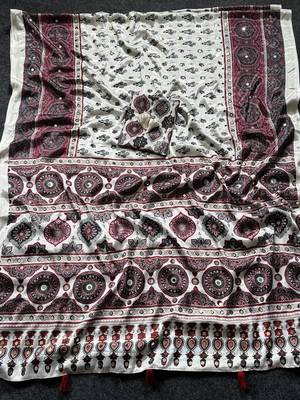 Cream Color ajarakh Print And  Real Mirror work silk saree 2