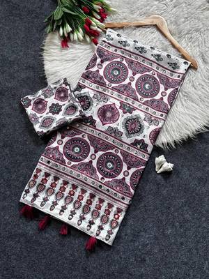 Cream Color ajarakh Print And  Real Mirror work silk saree 3
