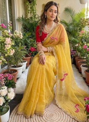 yellow thread embroidery work chiffon saree 1