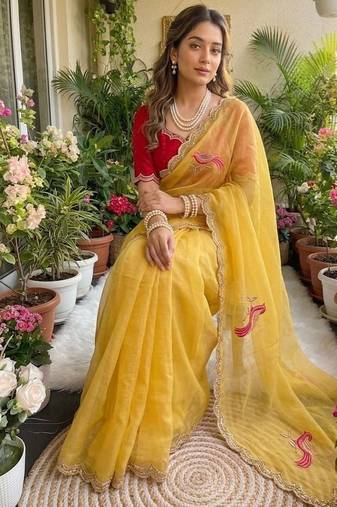 Yellow Color  thread embroidery Work Chiffon Saree