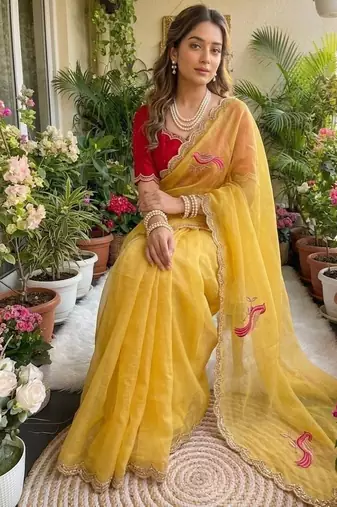 Yellow Color  thread embroidery Work Chiffon Saree