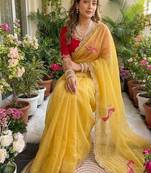 Yellow Color  thread embroidery Work Chiffon Saree