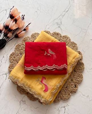 yellow thread embroidery work chiffon saree 3