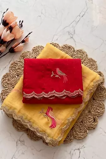 yellow thread embroidery work chiffon saree