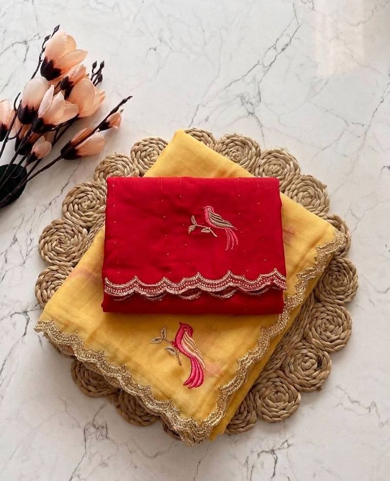 Yellow Color  thread embroidery Work Chiffon Saree