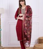 Floral embroidered silk blend v neck kurta trouser & dupatta set