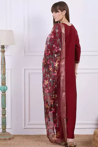 Floral embroidered silk blend blend v neck kurta trouser & dupatta set
