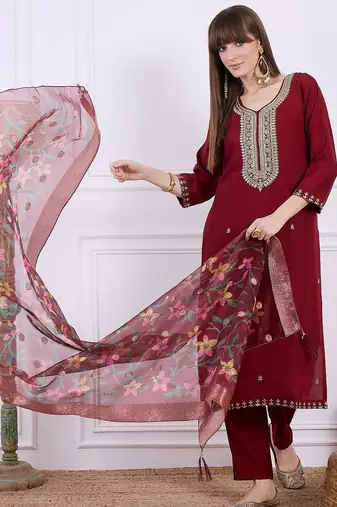 Floral embroidered silk blend blend v neck kurta trouser & dupatta set