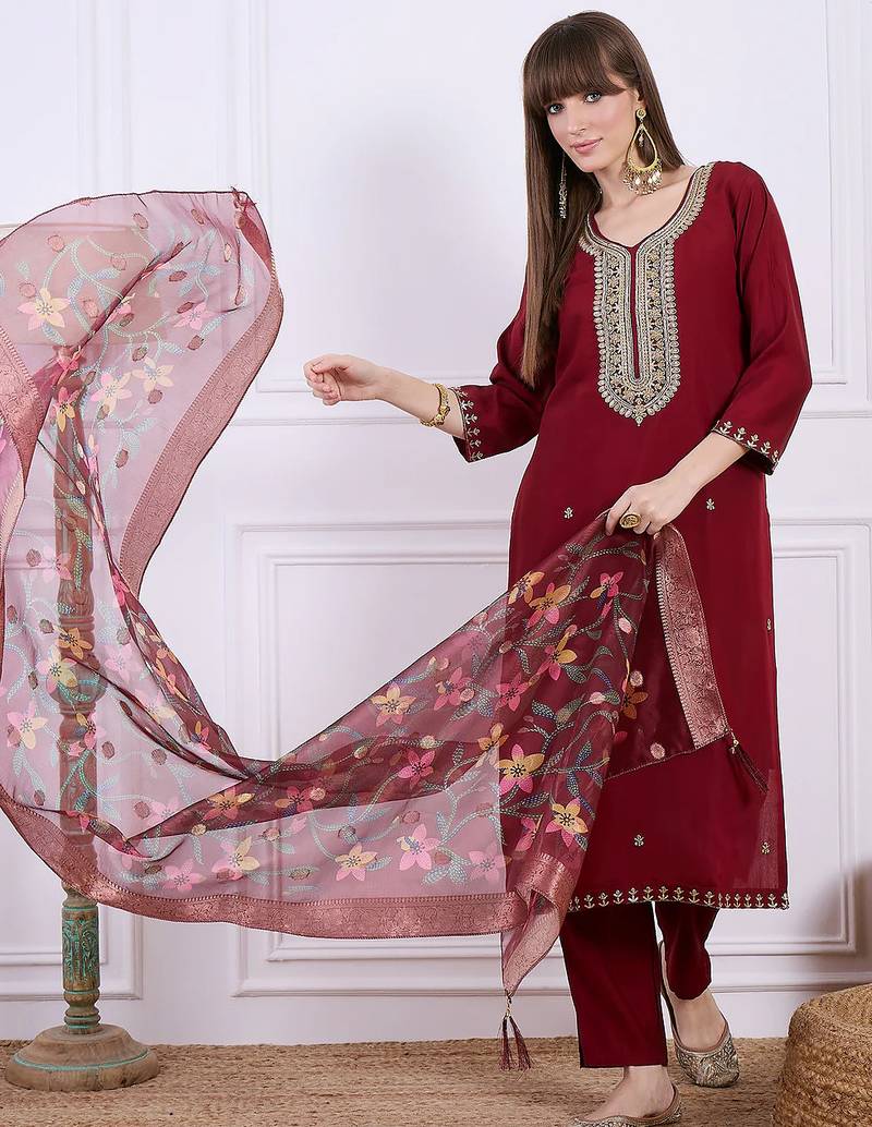 Floral embroidered silk blend v neck kurta trouser & dupatta set
