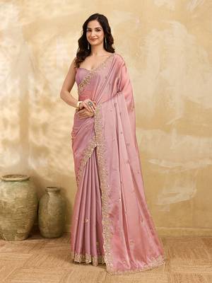 Pink Silk Blend Beads Embroidery With Sequence Work Saree with Unstitch Blouse Piece For Women 1