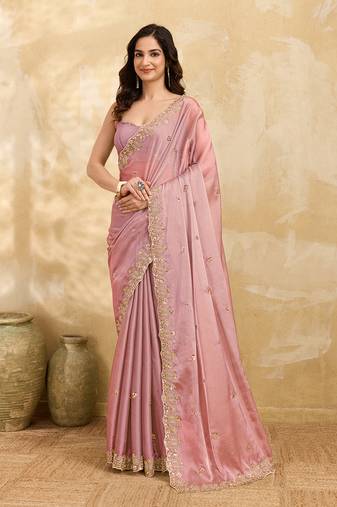 Pink Silk Blend Beads Embroidery With Sequence Work Saree with Unstitch Blouse Piece For Women