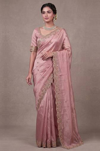 Pink Art Silk Beads Embroidery With Sequence Work Saree with Unstitch Blouse Piece For Women