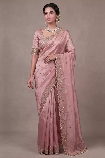 Pink Art Silk Beads Embroidery With Sequence Work Saree with Unstitch Blouse Piece For Women