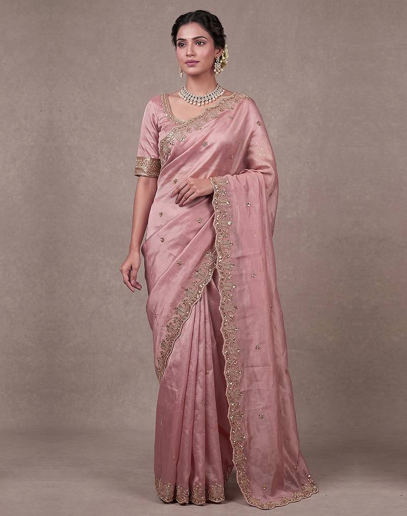Pink Art Silk Beads Embroidery With Sequence Work Saree with Unstitch Blouse Piece For Women