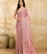 Pink Silk Blend Beads Embroidery With Sequence Work Saree with Unstitch Blouse Piece For Women