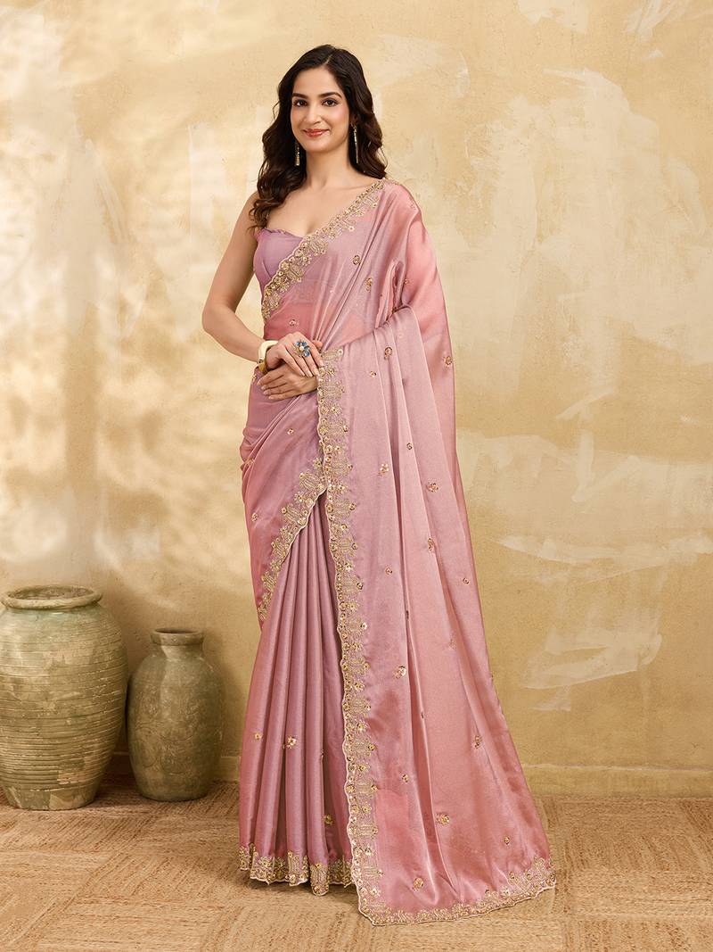 Pink Silk Blend Beads Embroidery With Sequence Work Saree with Unstitch Blouse Piece For Women