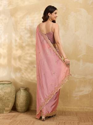 Pink Silk Blend Beads Embroidery With Sequence Work Saree with Unstitch Blouse Piece For Women 2