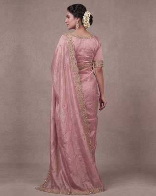 Pink Art Silk Beads Embroidery With Sequence Work Saree with Unstitch Blouse Piece For Women 2