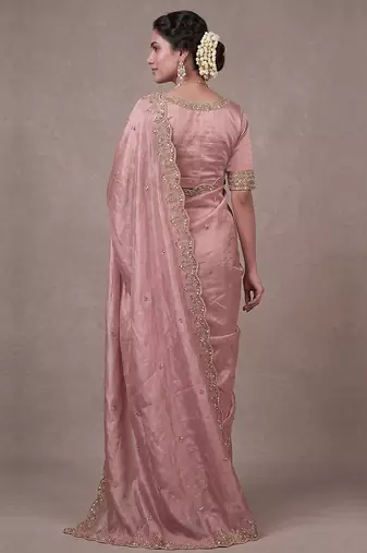 Pink Art Silk Beads Embroidery With Sequence Work Saree with Unstitch Blouse Piece For Women