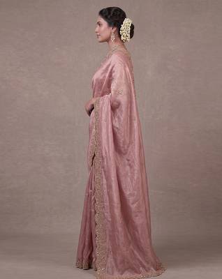 Pink Art Silk Beads Embroidery With Sequence Work Saree with Unstitch Blouse Piece For Women 3