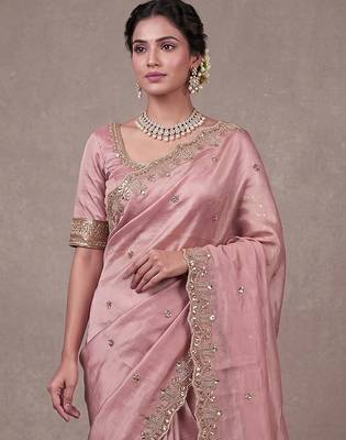 Pink Art Silk Beads Embroidery With Sequence Work Saree with Unstitch Blouse Piece For Women 4