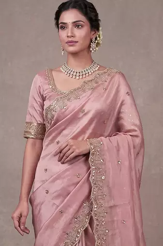 Pink Art Silk Beads Embroidery With Sequence Work Saree with Unstitch Blouse Piece For Women