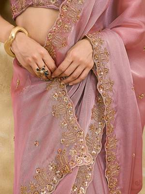 Pink Silk Blend Beads Embroidery With Sequence Work Saree with Unstitch Blouse Piece For Women 4