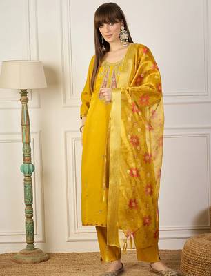 Floral embroidered silk blend blend v neck kurta trouser & dupatta set 1
