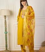 Floral embroidered silk blend v neck kurta trouser & dupatta set