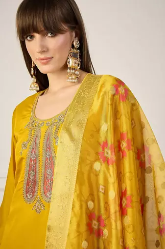 Floral embroidered silk blend blend v neck kurta trouser & dupatta set