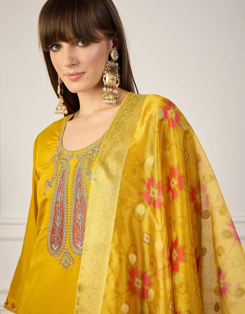 Floral embroidered silk blend v neck kurta trouser & dupatta set