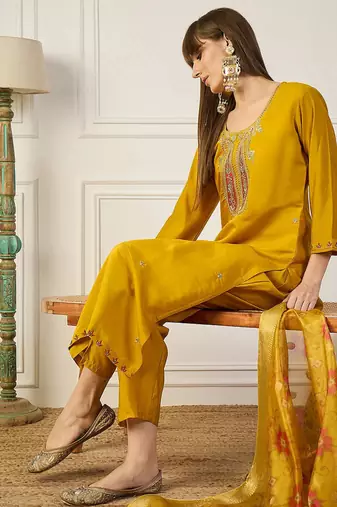 Floral embroidered silk blend blend v neck kurta trouser & dupatta set