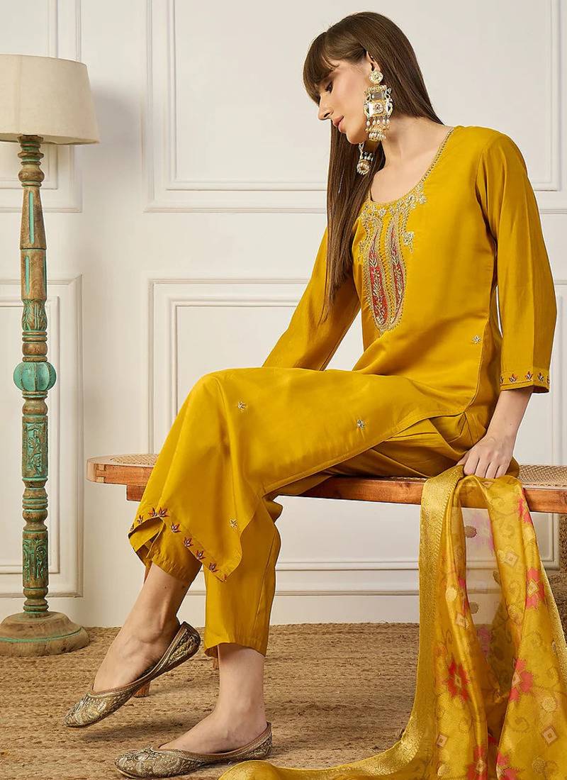 Floral embroidered silk blend v neck kurta trouser & dupatta set