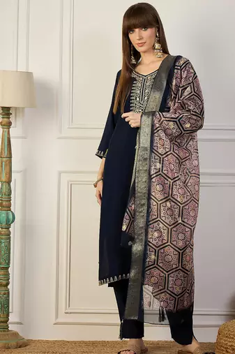 Floral embroidered silk blend v neck kurta trouser & dupatta set