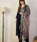 Floral embroidered silk blend v neck kurta trouser & dupatta set