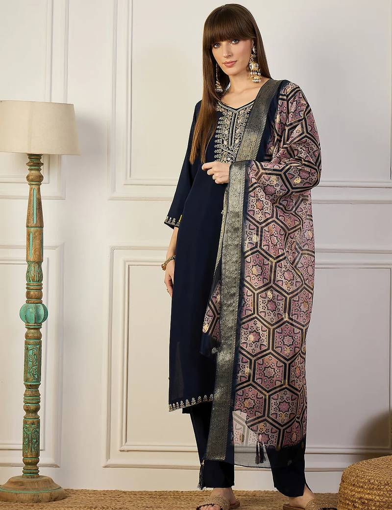 Floral embroidered silk blend v neck kurta trouser & dupatta set