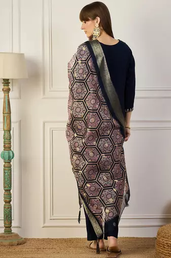 Floral embroidered silk blend blend v neck kurta trouser & dupatta set