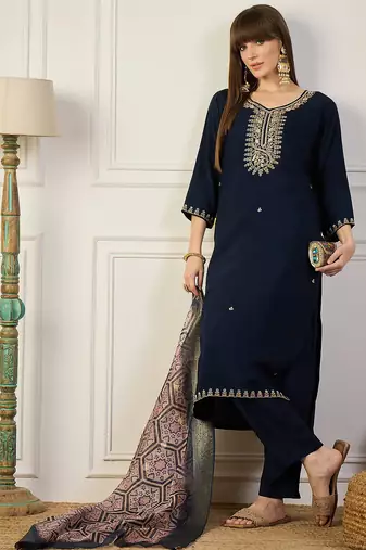 Floral embroidered silk blend blend v neck kurta trouser & dupatta set
