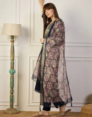 Floral embroidered silk blend blend v neck kurta trouser & dupatta set 4