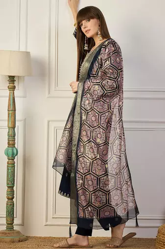 Floral embroidered silk blend blend v neck kurta trouser & dupatta set