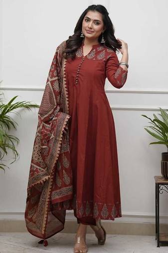 Maroon Printed Sequence Work on Neck Anarkali Cotton Kurti Pant Dupatta Set For Women