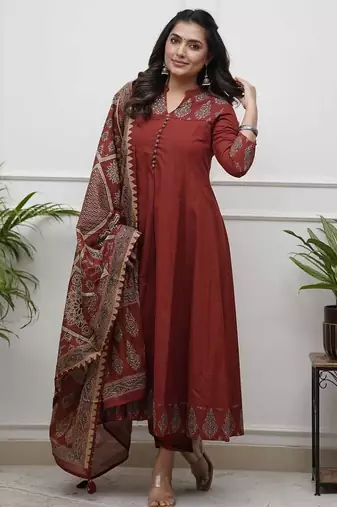 Maroon Printed Sequence Work on Neck Anarkali Cotton Kurti Pant Dupatta Set For Women
