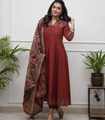 Maroon Printed Sequence Work on Neck Anarkali Cotton Kurti Pant Dupatta Set For Women