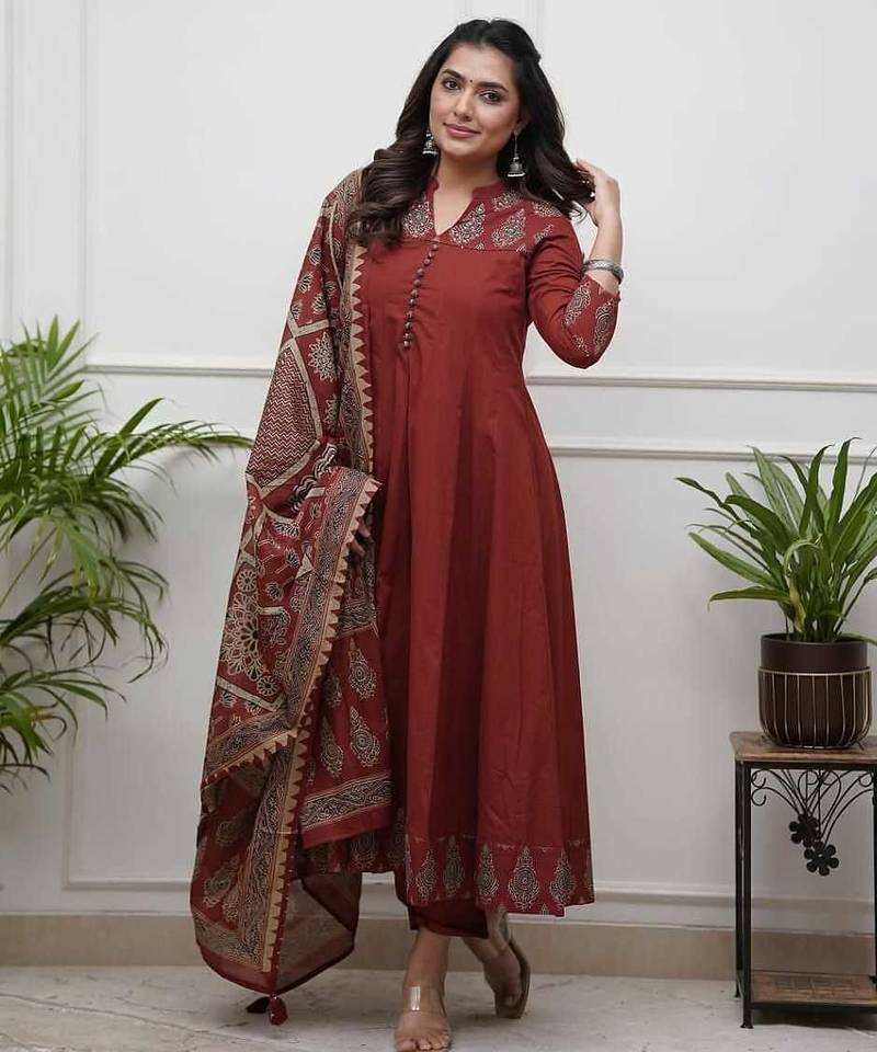 Maroon Printed Sequence Work on Neck Anarkali Cotton Kurti Pant Dupatta Set For Women